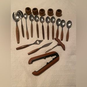 Danish made stainless steel, solid teak handle serving utensils